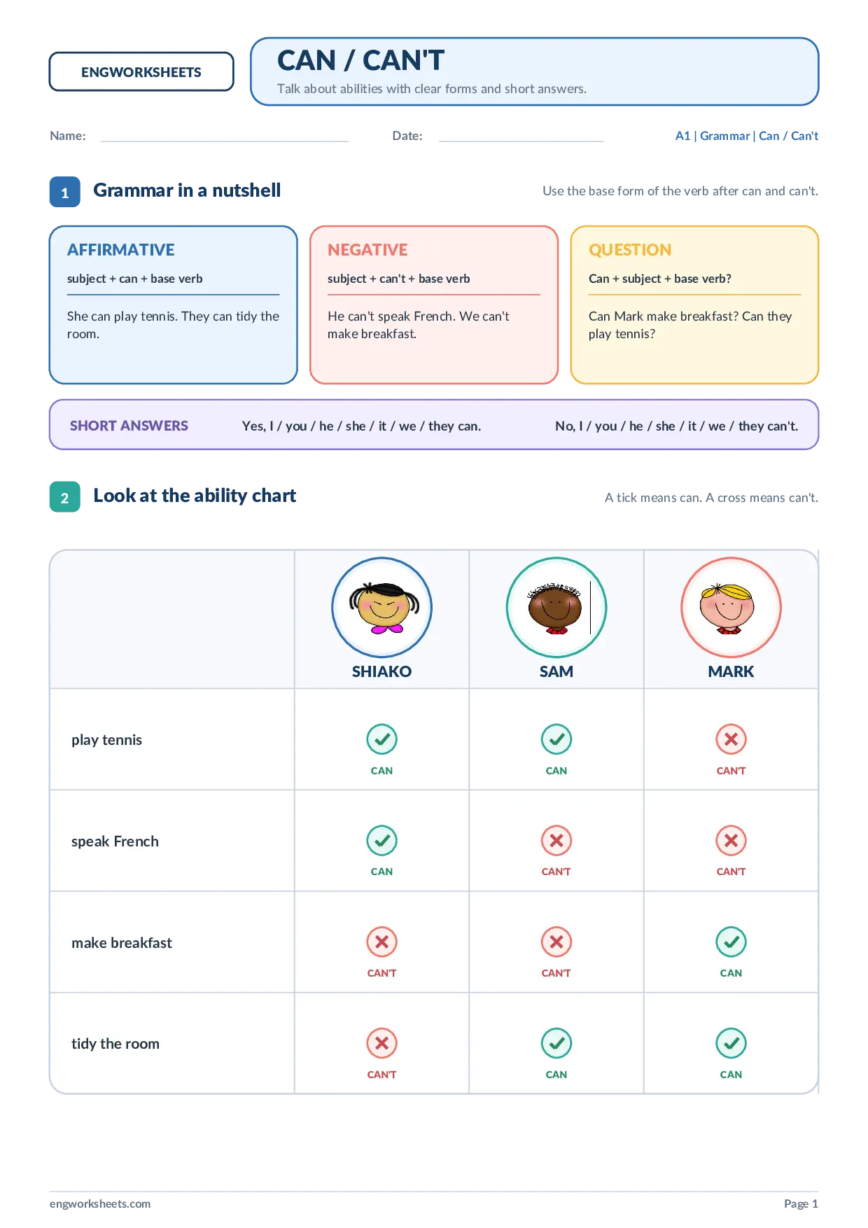 Can for Ability Grammar Worksheet Worksheet Preview