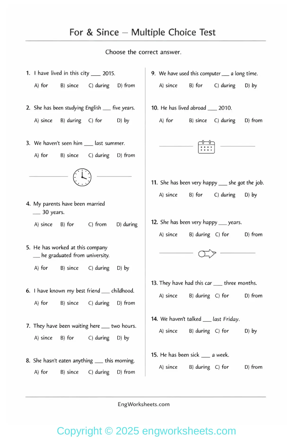 For and Since Grammar Test Multiple Choice Questions