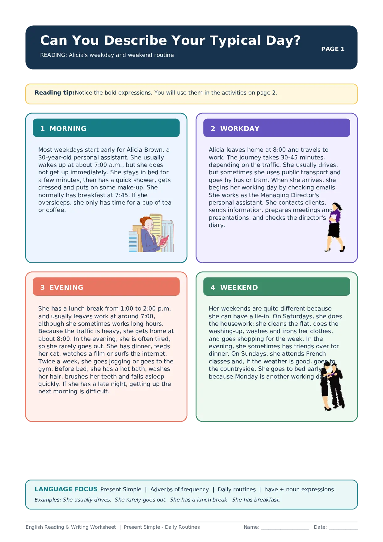 Can You Describe Your Typical Day? – Daily Routines Reading Worksheet Worksheet Preview