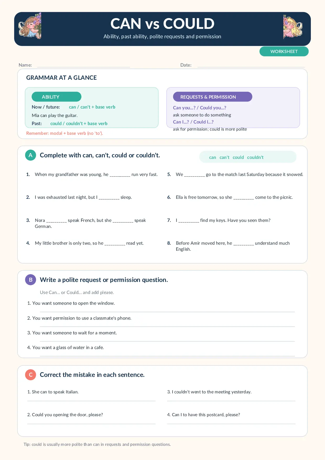 Can vs Could Worksheet: Ability, Requests and Permission Worksheet Preview
