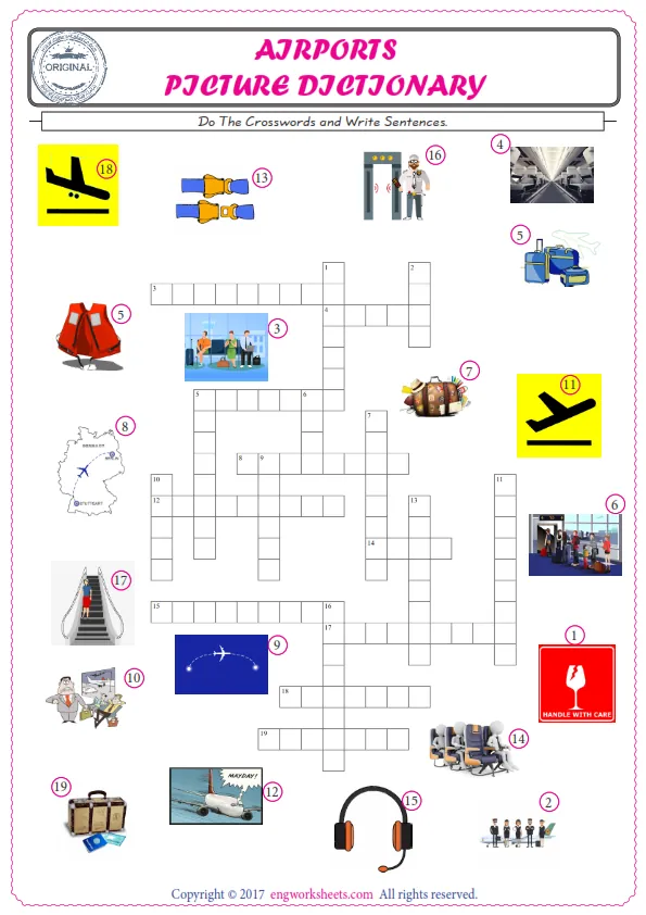 ESL printable worksheet for kids, supply the missing words of the crossword by using the Airport picture. Worksheet Preview