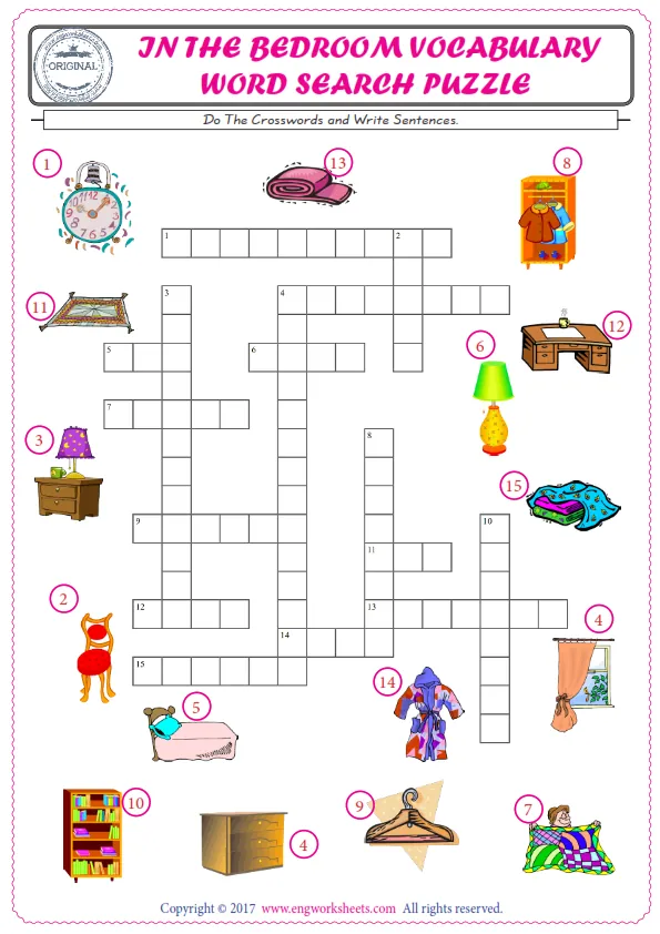 ESL printable worksheet for kids, supply the missing words of the crossword by using the Bedroom picture. Worksheet Preview