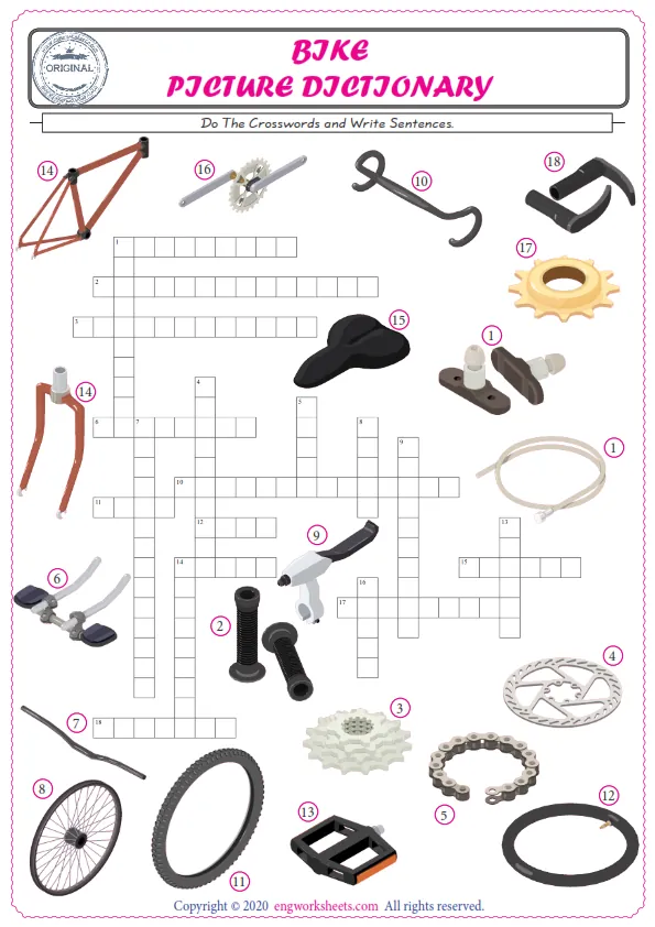 ESL printable worksheet for kids, supply the missing words of the crossword by using the Bike picture. Worksheet Preview