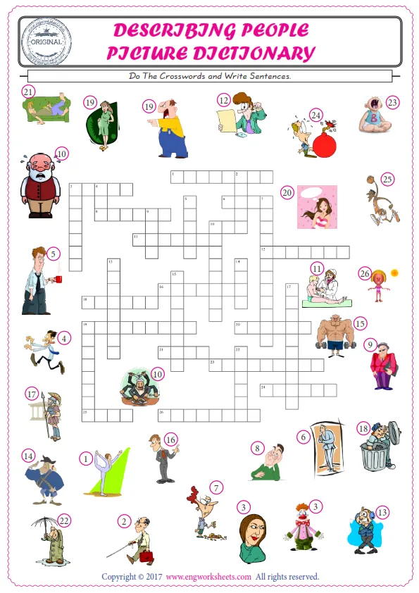 ESL printable worksheet for kids, supply the missing words of the crossword by using the Describing People picture. Worksheet Preview