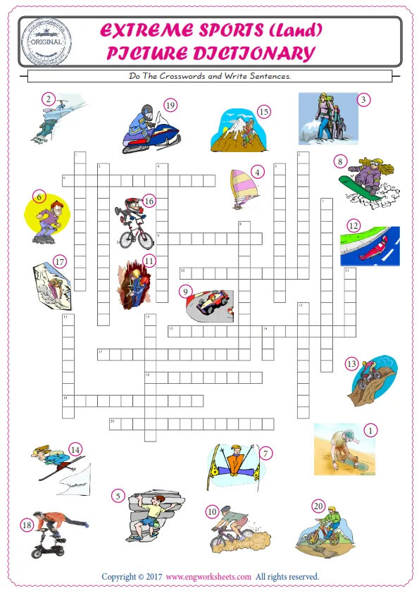ESL printable worksheet for kids, supply the missing words of the crossword by using the Extreme Sports Land picture. Worksheet Preview