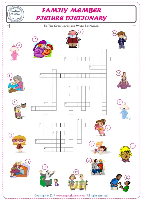 ESL printable worksheet for kids, supply the missing words of the crossword by using the Family Member picture. Worksheet Preview