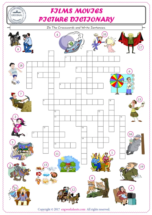 ESL printable worksheet for kids, supply the missing words of the crossword by using the Films Movies picture. Worksheet Preview