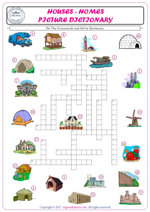 ESL printable worksheet for kids, supply the missing words of the crossword by using the Houses Homes picture. Worksheet Preview