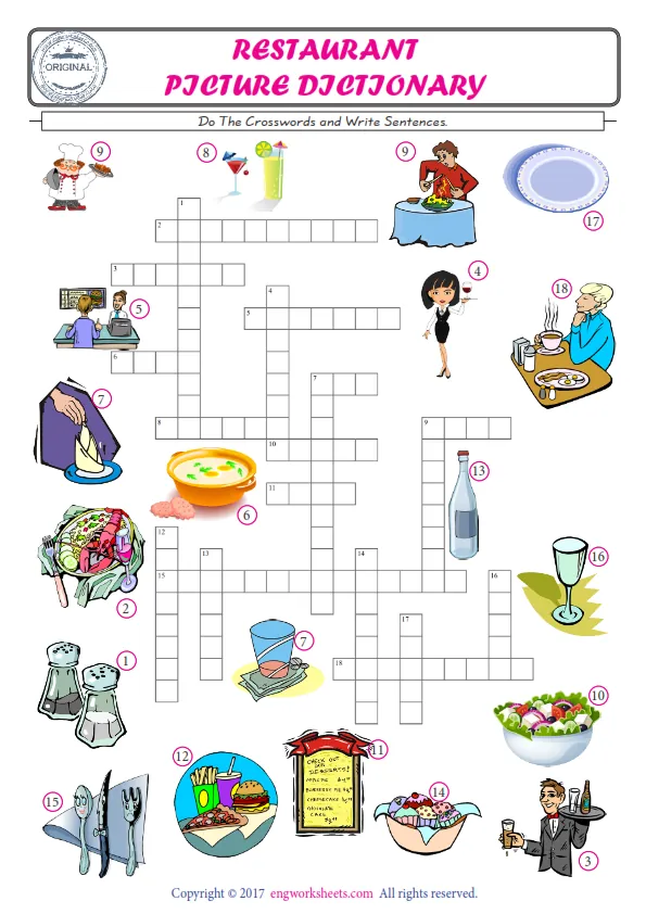 ESL printable worksheet for kids, supply the missing words of the crossword by using the Restaurant picture. Worksheet Preview