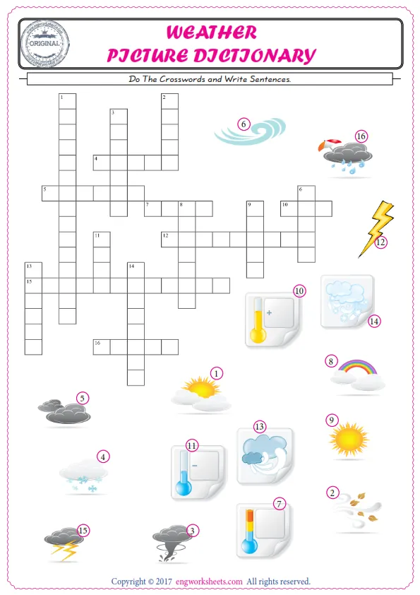 ESL printable worksheet for kids, supply the missing words of the crossword by using the Weather picture. Worksheet Preview