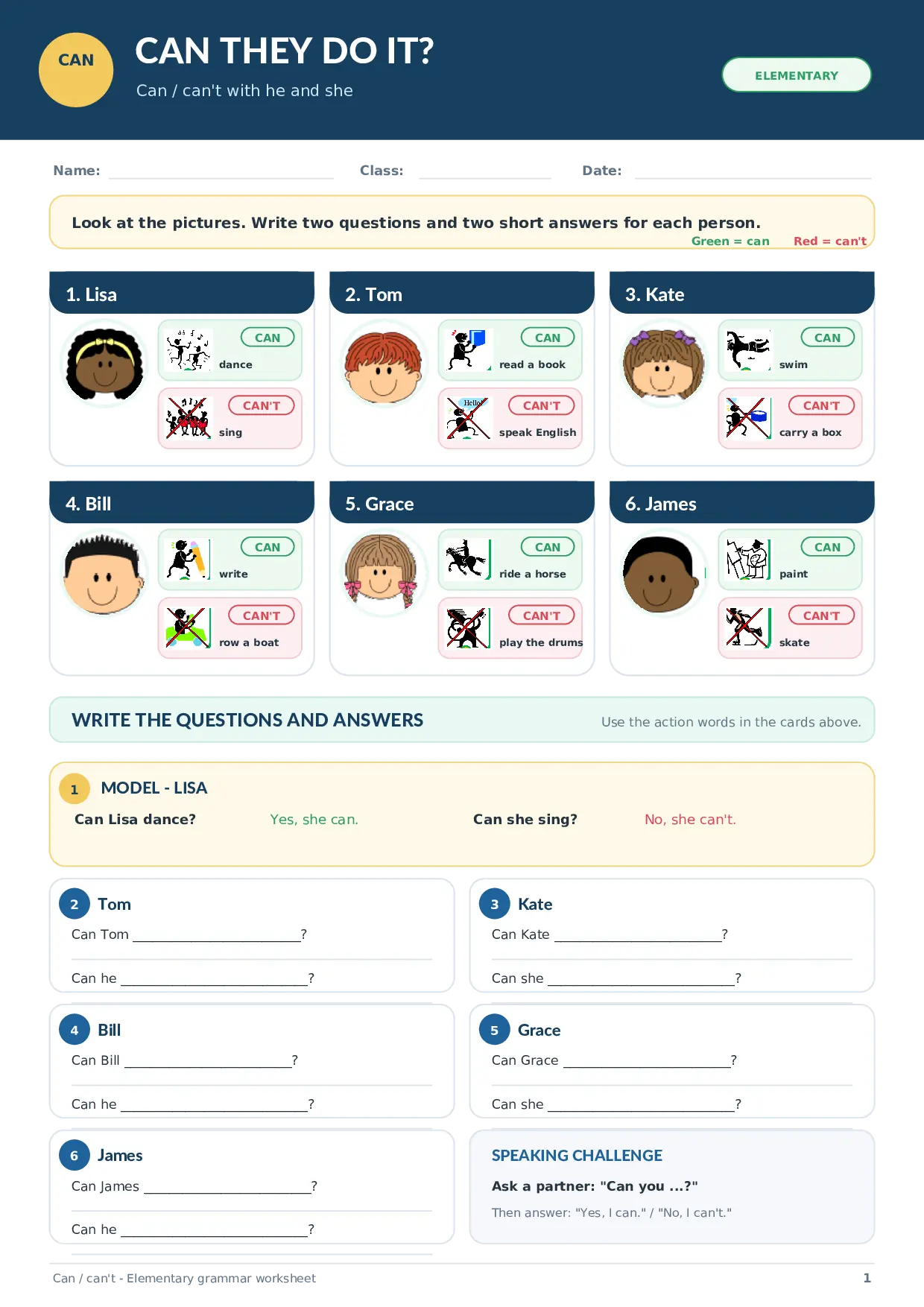 Can They Do It? Can and Can’t Worksheet for Kids Worksheet Preview