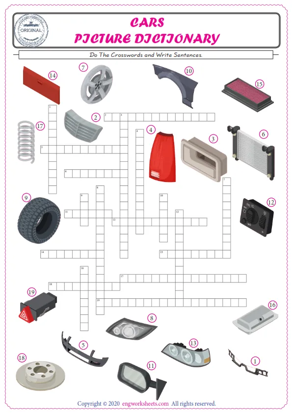 ESL printable worksheet for kids, supply the missing words of the crossword by using the Cars picture. Worksheet Preview