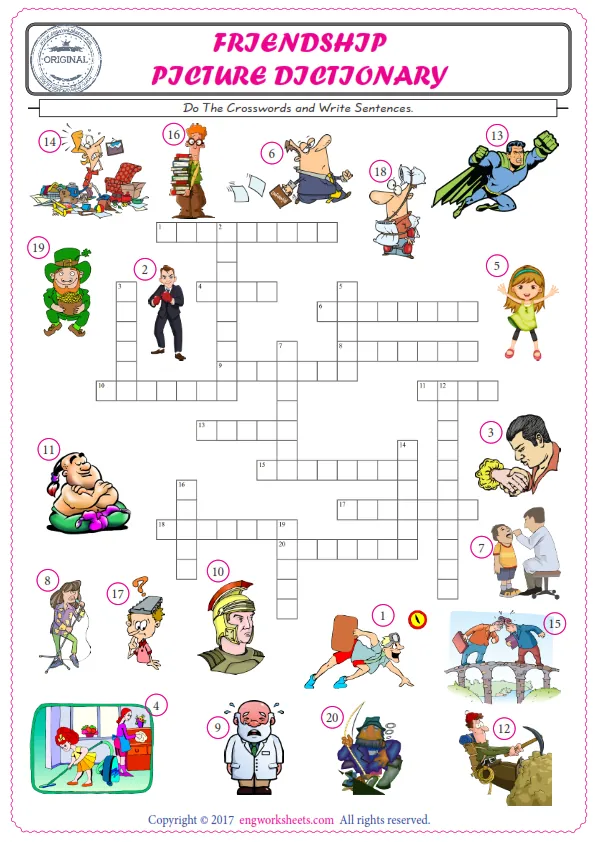 ESL printable worksheet for kids, supply the missing words of the crossword by using the Friendship picture. Worksheet Preview