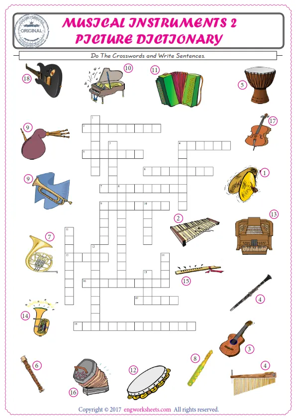 ESL printable worksheet for kids, supply the missing words of the crossword by using the Musical Instruments picture. Worksheet Preview