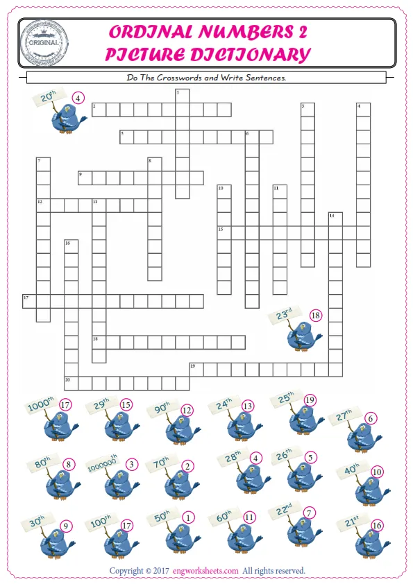 ESL printable worksheet for kids, supply the missing words of the crossword by using the Ordinal Numbers picture. Worksheet Preview