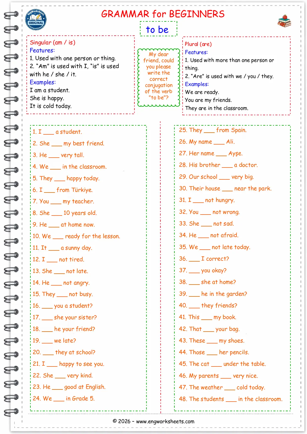 Grammar for Beginners To Be ESL English Worksheets Grade 5