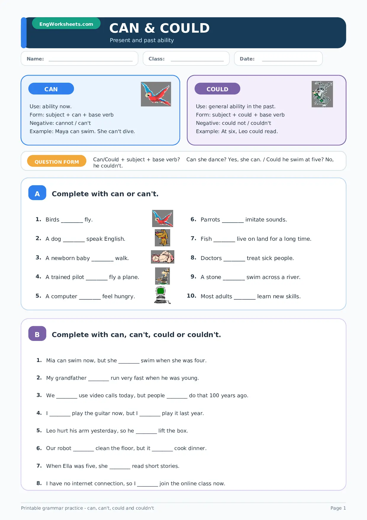 Can and Could: Present and Past Ability Grammar Worksheet Worksheet Preview