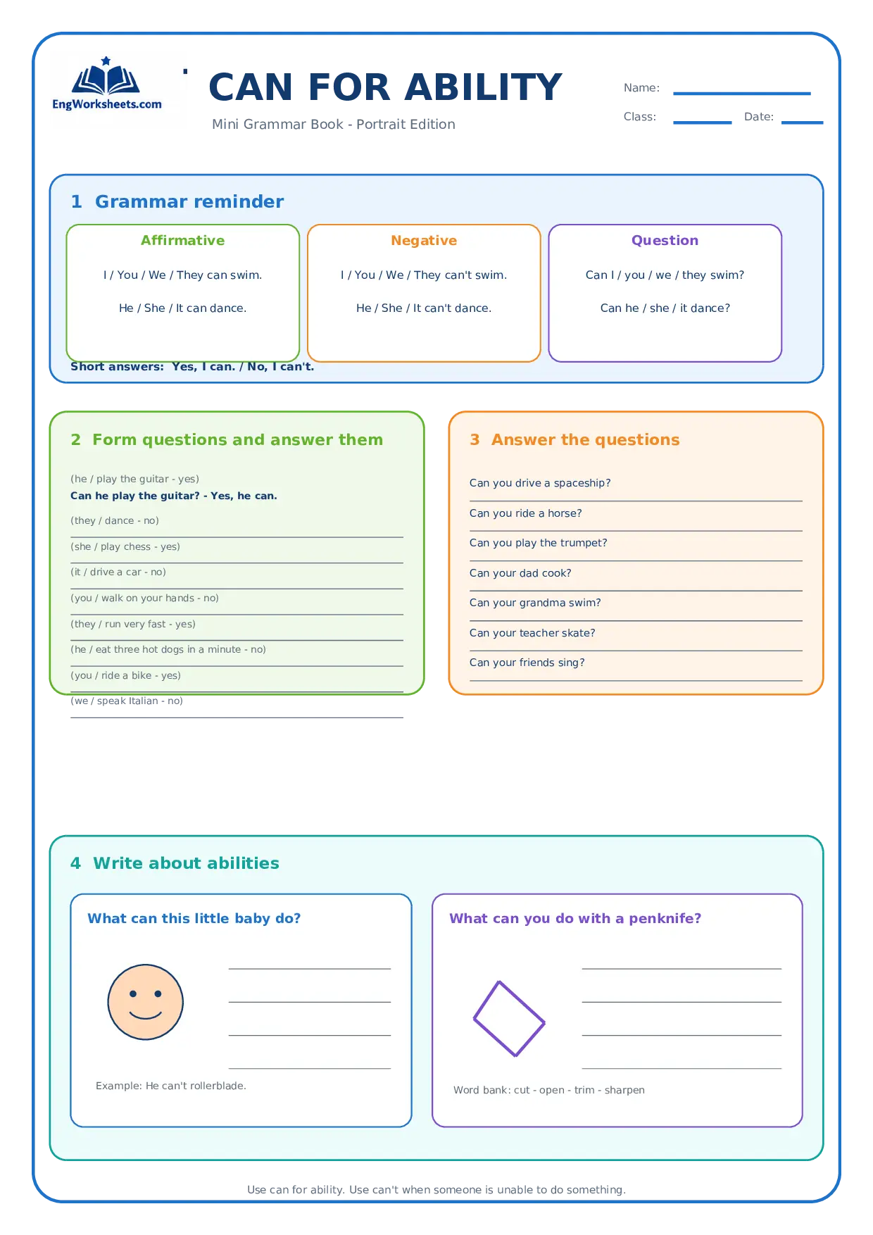Can for Ability Grammar Worksheet Worksheet Preview