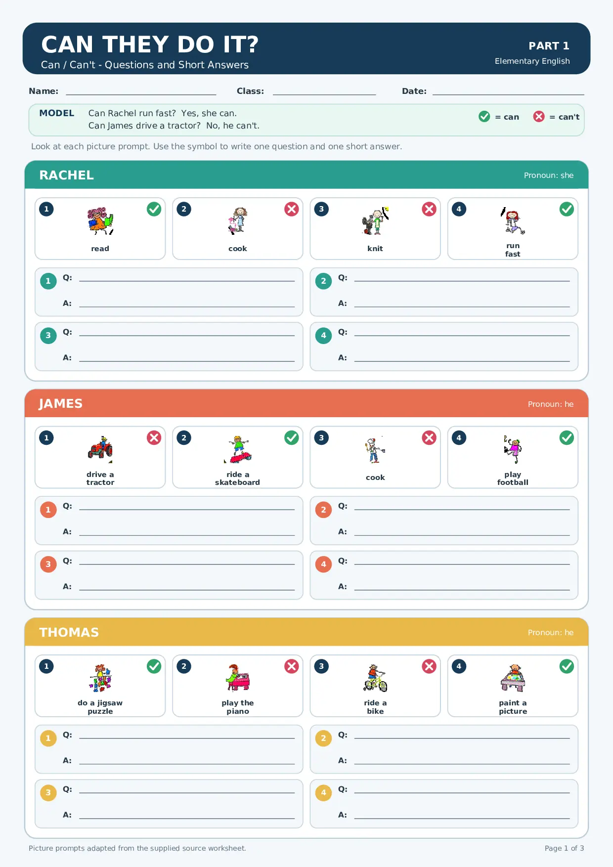 Can They Do It? – Can and Can't Picture Worksheet Worksheet Preview