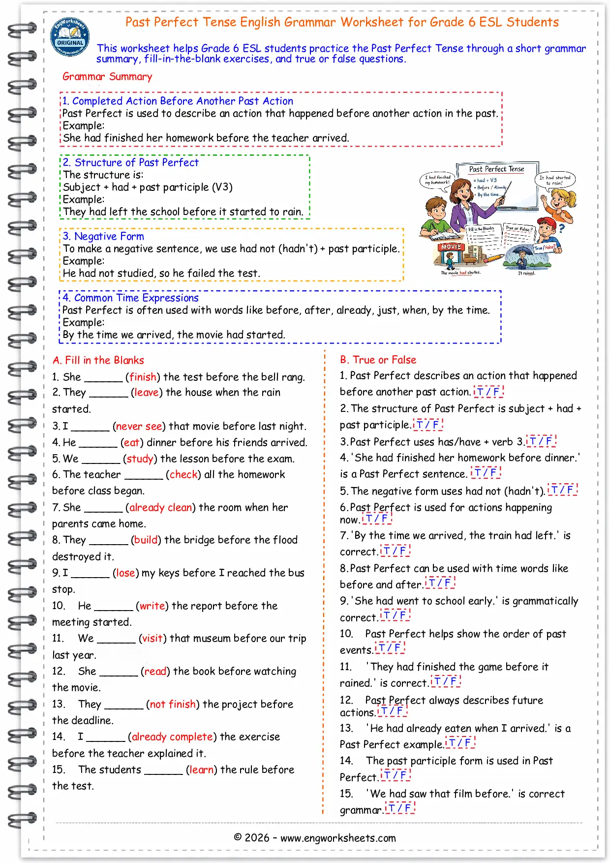 Past Perfect Tense English Grammar Worksheet for Grade 6 ESL Students Worksheet Preview