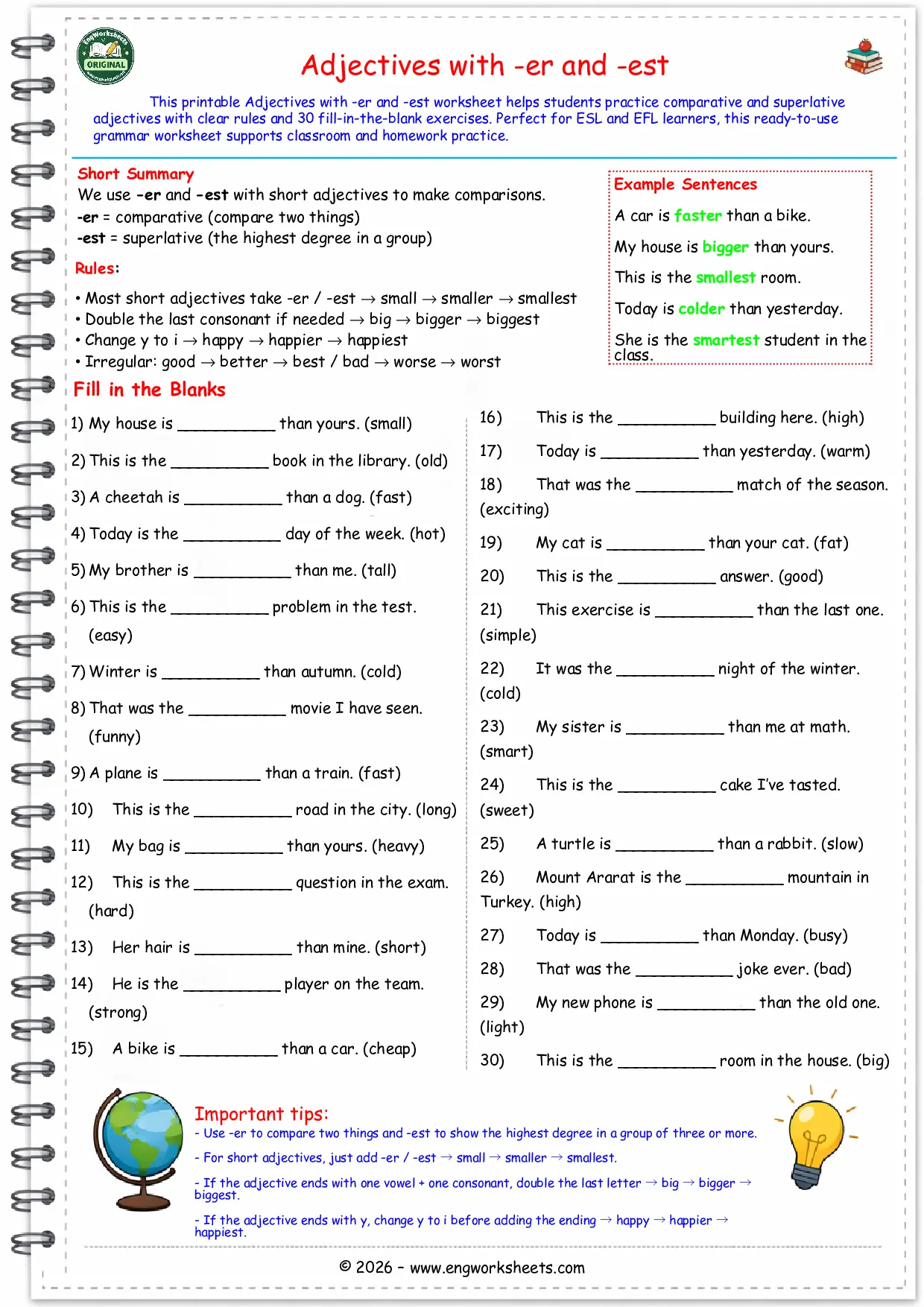 Adjectives with Er and Est Worksheet Comparative and Superlative Exercises Printable PDF Worksheet Preview
