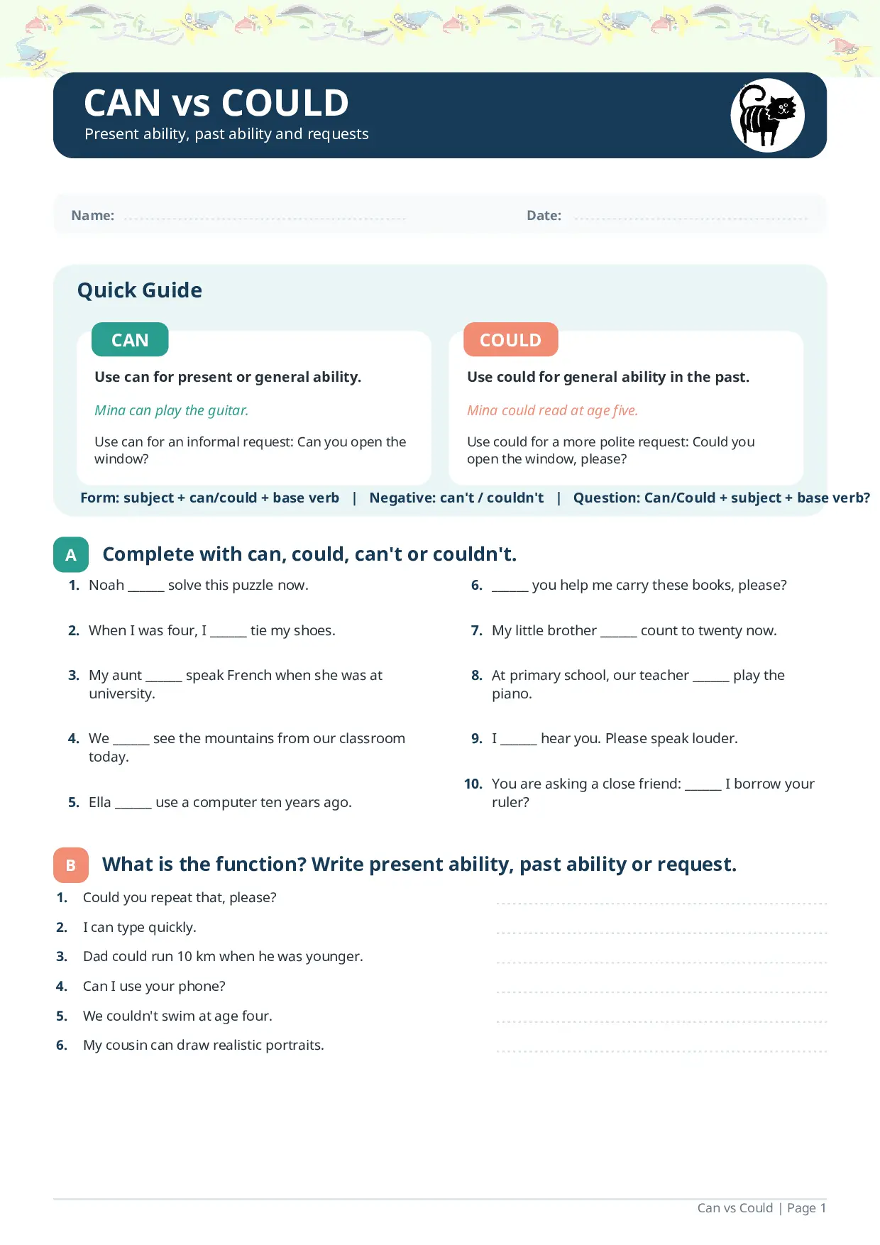 Can vs Could Worksheet: Abilities and Polite Requests Worksheet Preview