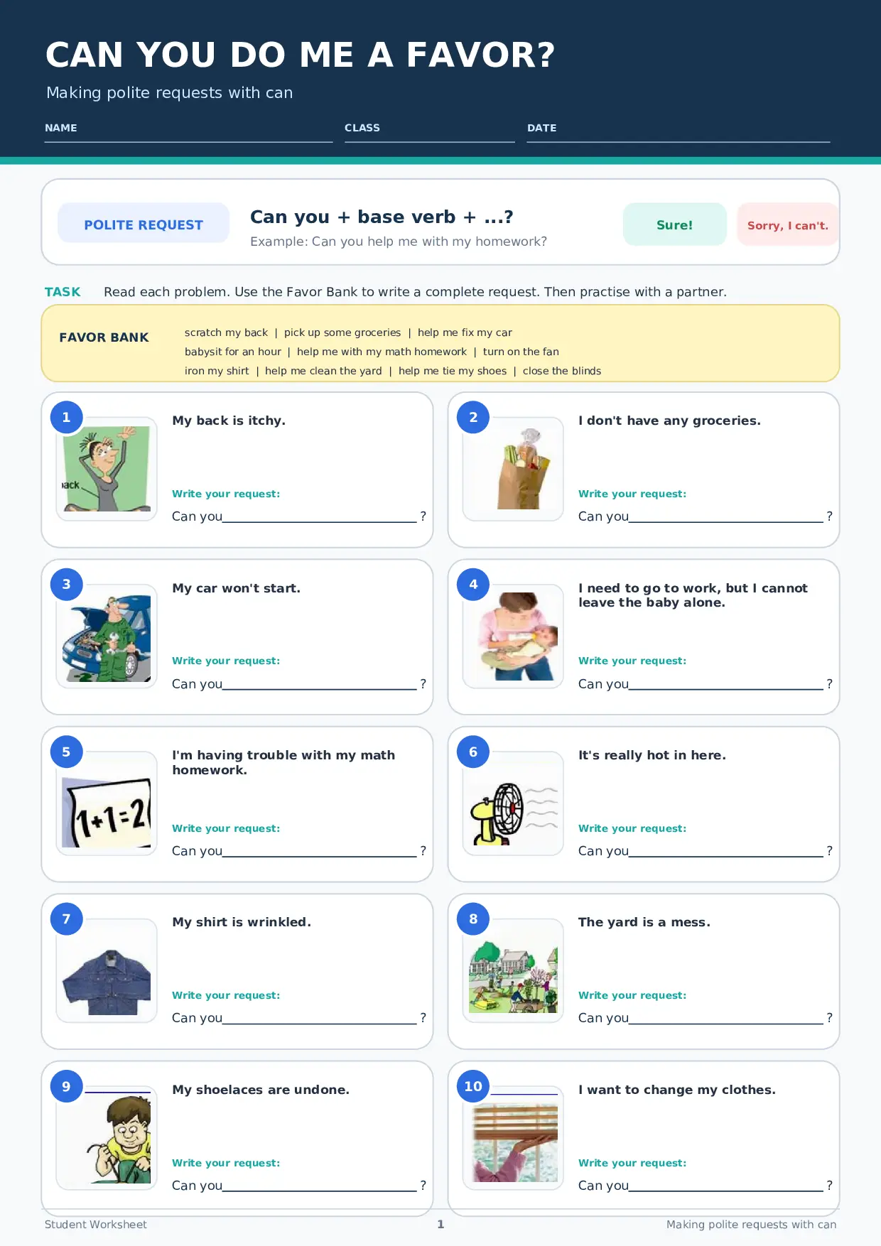 Can You Do Me a Favor? Polite Requests with Can Worksheet Preview