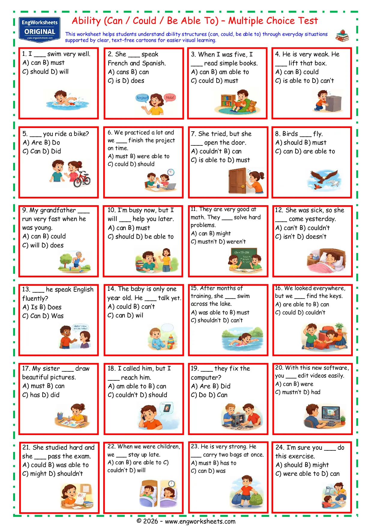 Ability Grammar Worksheet with Cartoons for Can Could and Be Able To Practice Worksheet Preview