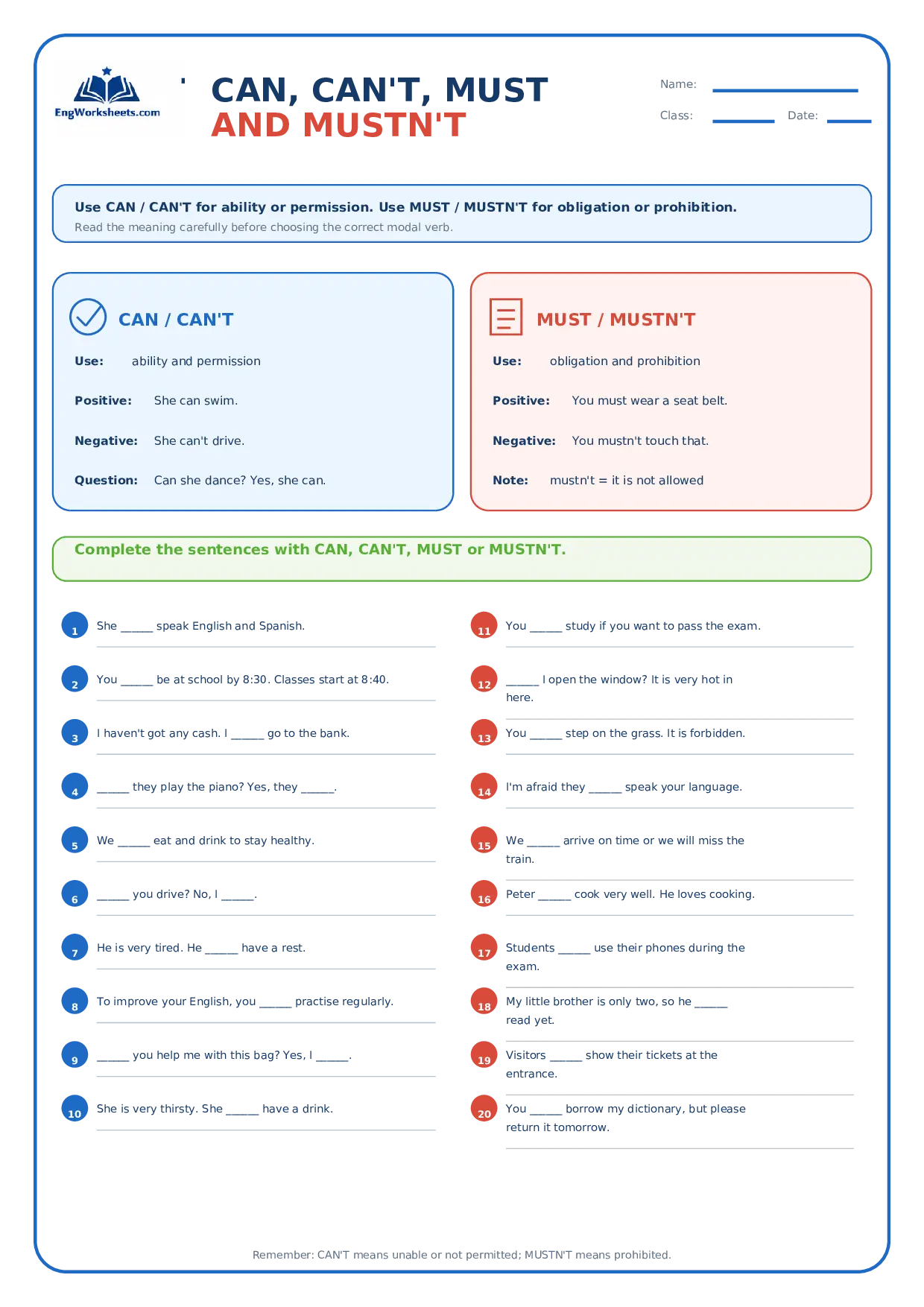 Can, Can’t, Must and Mustn’t Grammar Worksheet Worksheet Preview
