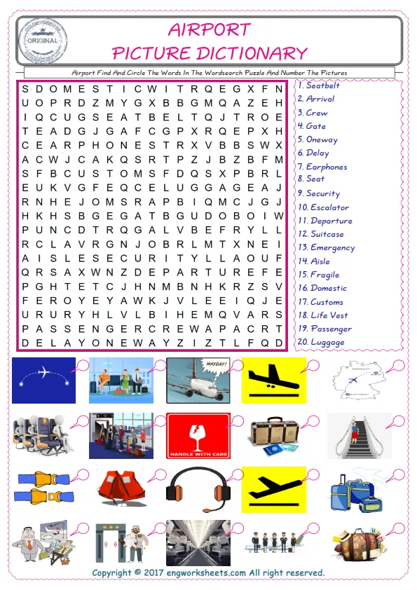 ESL wordsearch worksheets for kids, find Airport words in the word wordsearch write its number on its picture English worksheet. Worksheet Preview