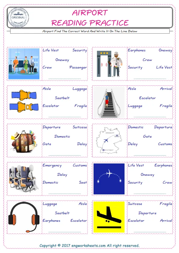 Check the picture of the Airport for kids ESL worksheet for supplying the correct one among five words into the blank place. Worksheet Preview