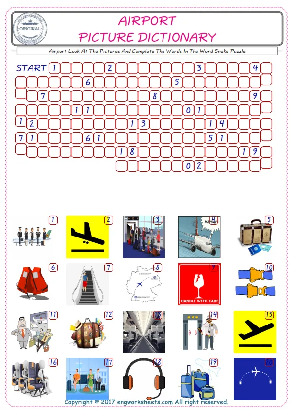 Check the Illustrations of Airport english worksheets for kids, and Supply the Missing Words in the Word Snake Puzzle ESL play. Worksheet Preview