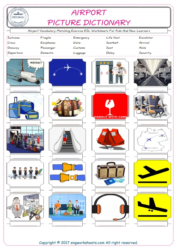 Airport for Kids ESL Word Matching English Exercise Worksheet. Worksheet Preview