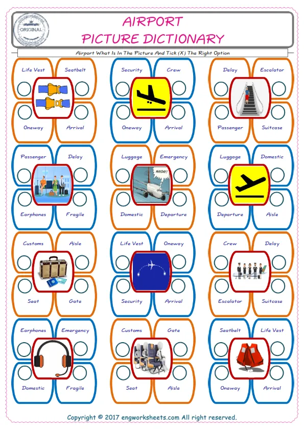 check the picture, mark the correct option amongst the given Airport words English worksheet for kids Worksheet Preview