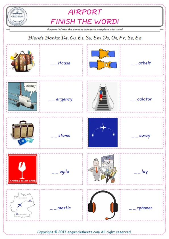 For kids, the Airport English worksheet for supplying into the correct blank place given letters special to the Airport Words. Worksheet Preview
