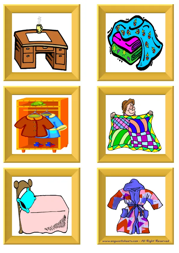 ESL Flashcard without words containing Bedroom picture for kids and teachers. Worksheet Preview