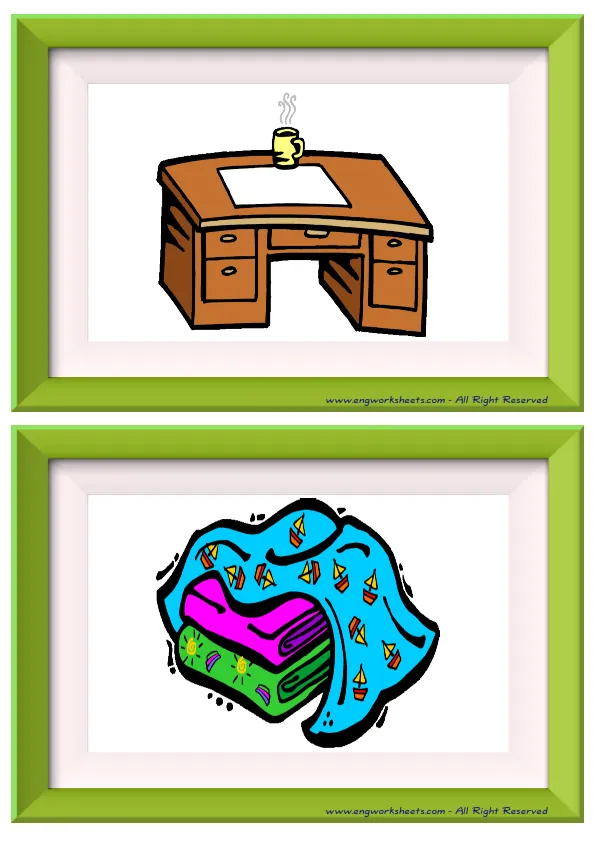 Half page ESL Flashcard without words containing Bedroom picture for kids and teachers. Worksheet Preview