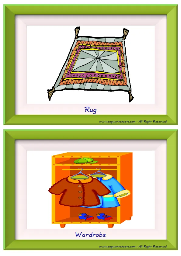 Half page ESL Flashcard together with words containing Bedroom picture for kids and teachers. Worksheet Preview