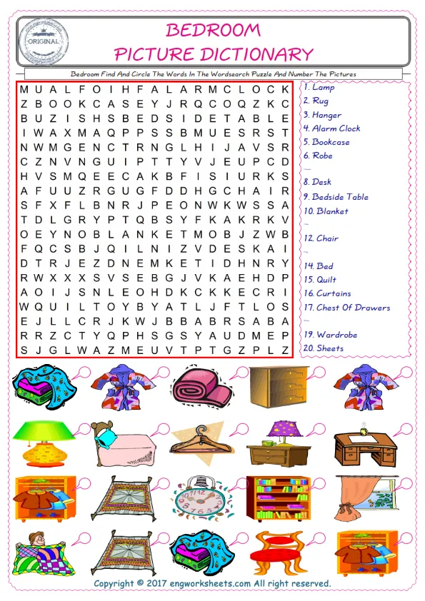 ESL wordsearch worksheets for kids, find Bedroom words in the word wordsearch write its number on its picture English worksheet. Worksheet Preview