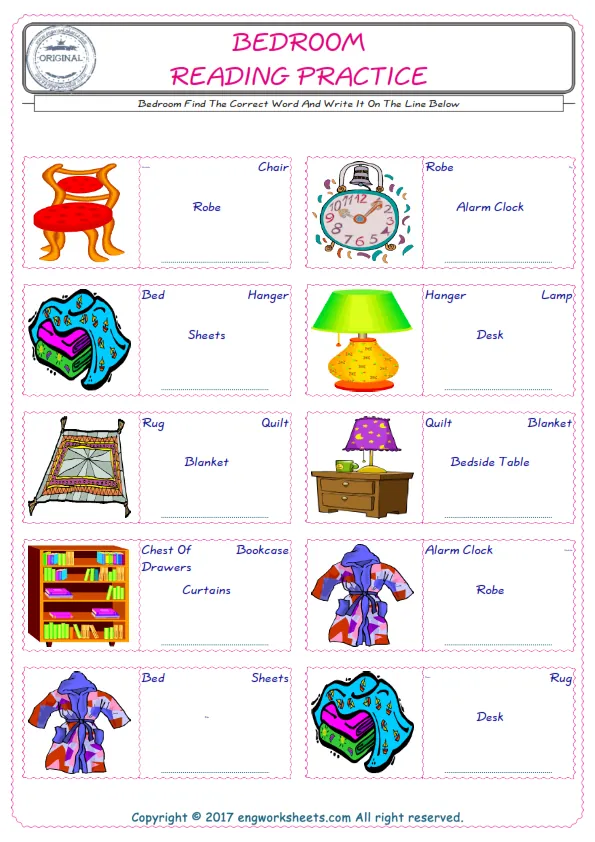 Check the picture of the Bedroom for kids ESL worksheet for supplying the correct one among four words into the blank place. Worksheet Preview