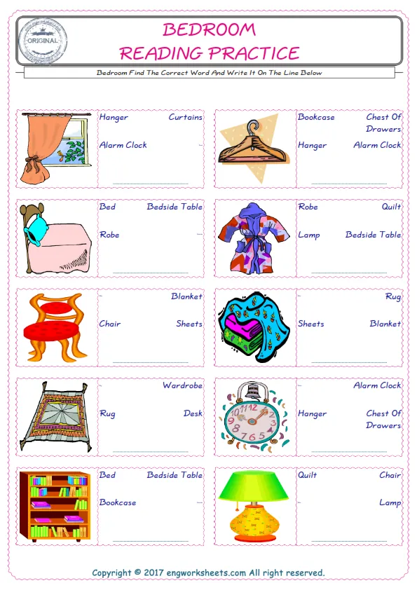 Check the picture of the Bedroom for kids ESL worksheet for supplying the correct one among three words into the blank place. Worksheet Preview