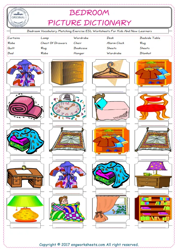 Bedroom for Kids ESL Word Matching English Exercise Worksheet. Worksheet Preview
