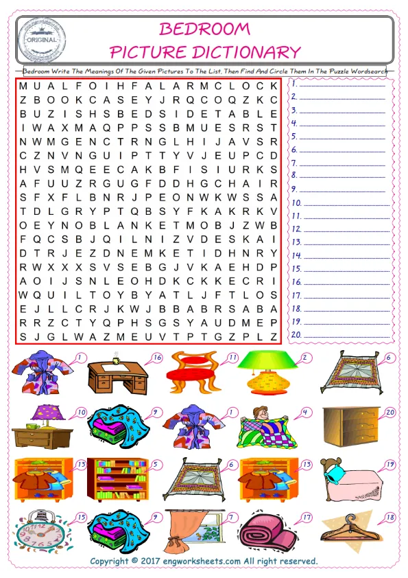 For kids, check the picture of Bedroom find, and write the word and find it in the word puzzle ESL printable worksheet. Worksheet Preview