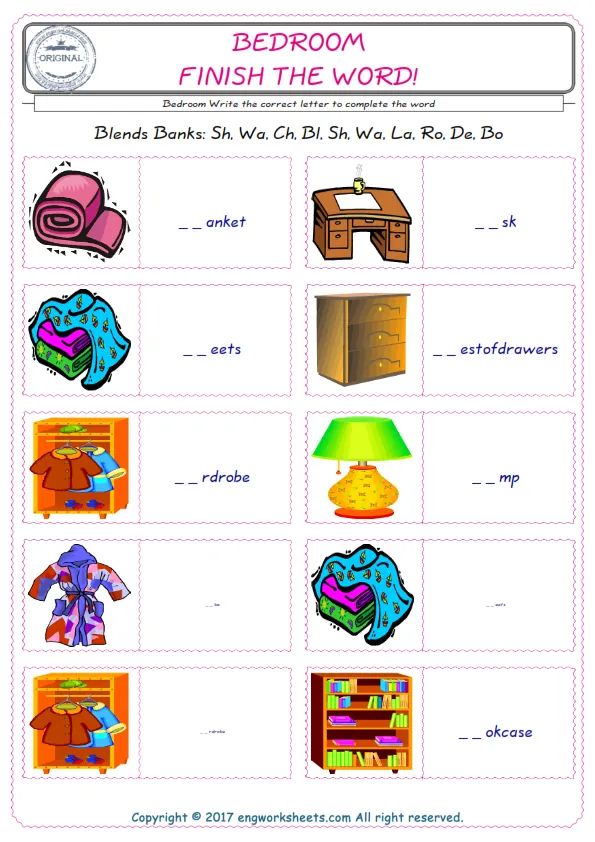 For kids, the Bedroom English worksheet for supplying into the correct blank place given letters special to the Bedroom Words. Worksheet Preview