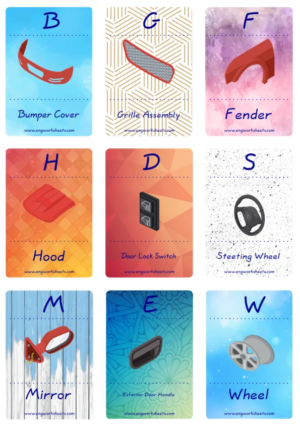 Mini size enjoyable ESL Flashcard Cars for kids and teachers. Worksheet Preview