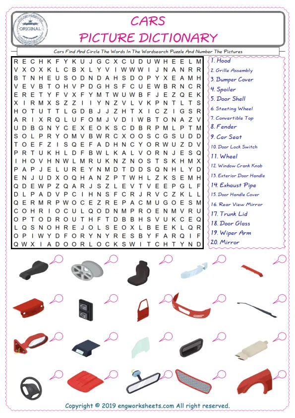 ESL wordsearch worksheets for kids, find Cars words in the word wordsearch write its number on its picture English worksheet. Worksheet Preview