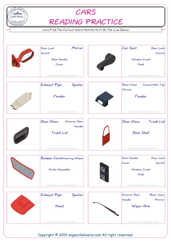 Check the picture of the Cars for kids ESL worksheet for supplying the correct one among four words into the blank place. Worksheet Preview