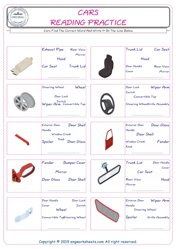Check the picture of the Cars for kids ESL worksheet for supplying the correct one among five words into the blank place. Worksheet Preview