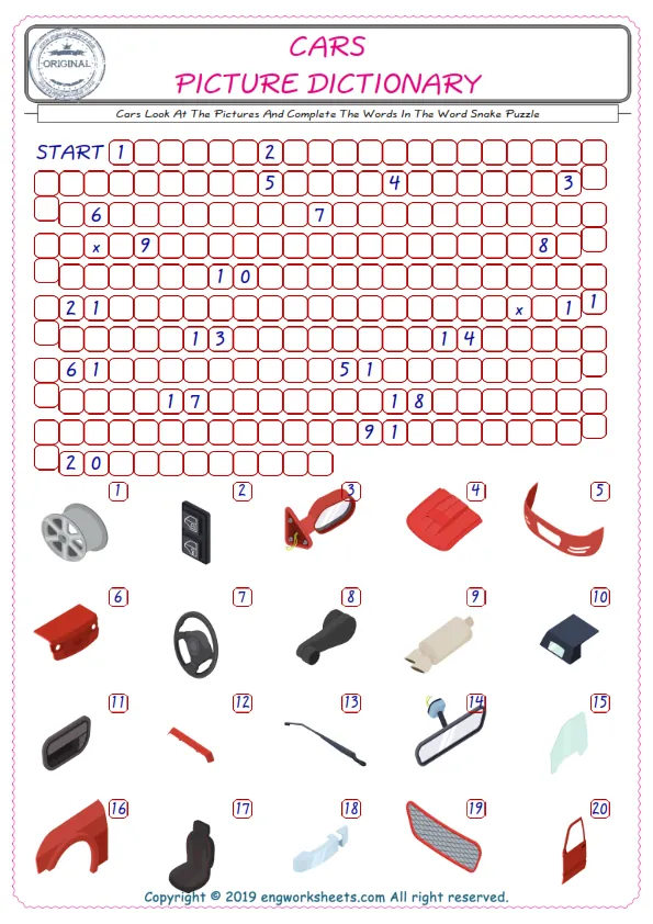 Check the Illustrations of Cars english worksheets for kids, and Supply the Missing Words in the Word Snake Puzzle ESL play. Worksheet Preview