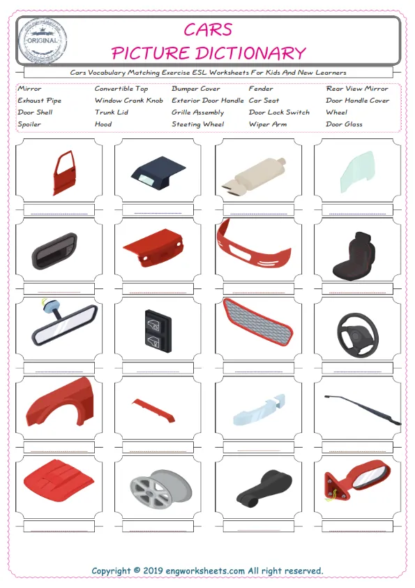 Cars for Kids ESL Word Matching English Exercise Worksheet. Worksheet Preview